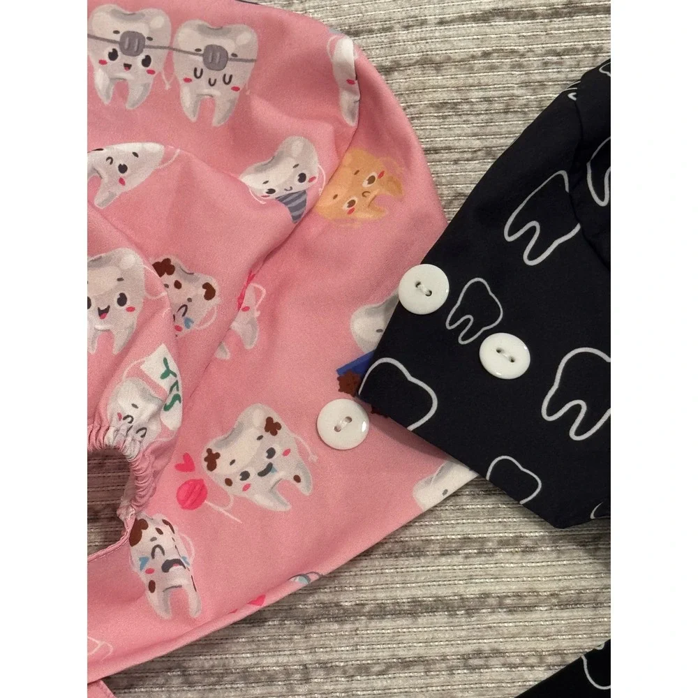 Set of 4 Dental Scrub Caps with Buttons for Masks Tooth Print Pink Blue Grey